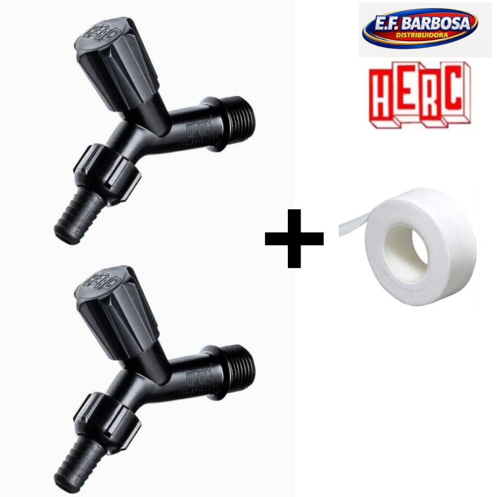 Torneira de Jardim Preta HERC 1/2 e 3/4 Original + Fita Veda Rosca kit – 2/3/5 ou 12 Unidades | Alta Resistência