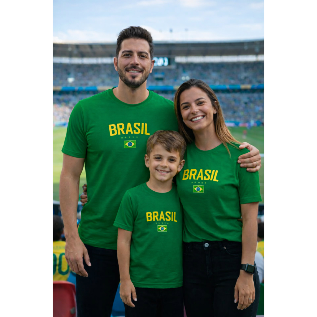 Kit Camisetas Família Brasil Verde Amarelo Torcida Copa do Mundo Pai Mãe Filho Seleção Brasileira Futebol Promoção