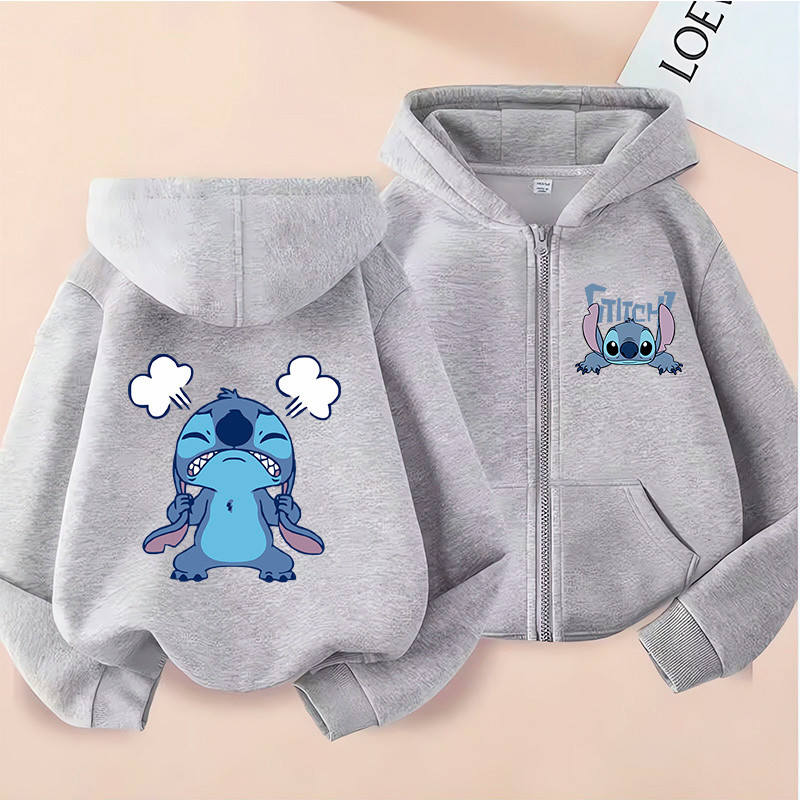 Blusa de Moletom com Ziper Casaco Quentinho Capuz Bolso Lillo Stitch Infantil Infanto Juvenil Meninas Cinza Rosa
