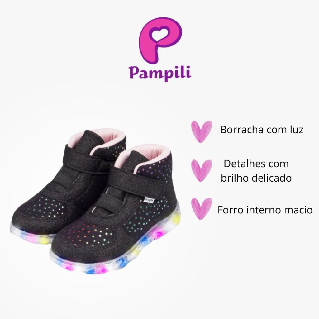 Tênis Infantil Feminino Pampili Preto Luz No Solado Colorido Cano Médio Para Menina - Mv682.079