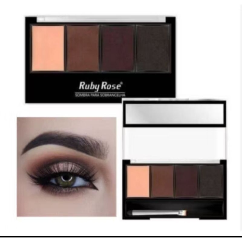 Paleta de Sombra para Sobrancelhas Ruby Rose com Primer, 3 Tons, Espelho e Pincel Duo  Alta Fixação e Acabamento Natural