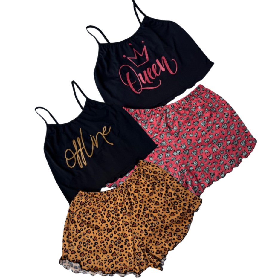Kit 2 Pijama Feminino Baby Doll Curto Conjunto Cropped E Short Feminino Estampado Roupa De Dormir