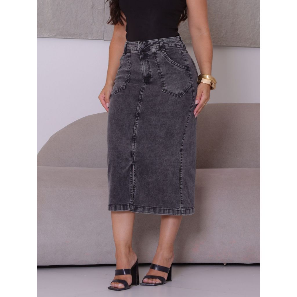 Saia Midi Jeans Modesta Com Lycra Com Fenda Cristã Igreja em Oferta na Shopee