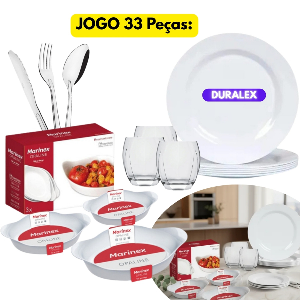 Jogo Kit Jantar 33 Peças Pratos Menu Raso + Copos Capri 340ML + 03 Assadeiras Opaline + 18 Talheres
