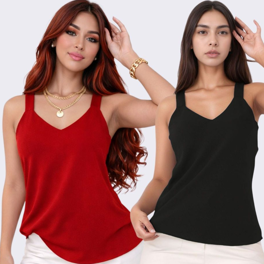 Kit 2 Regatas Femininas Alça Larga Tecido Duna Forrada Confortável Premium Verão