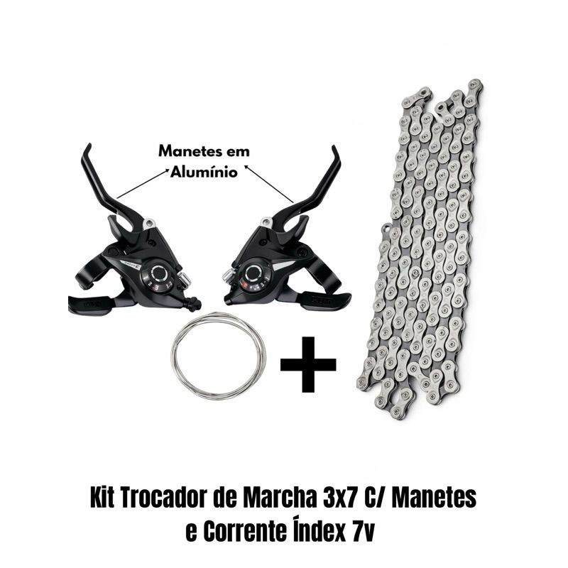 Kit Trocador De Marcha 3x7 21V Com Manetes em Alumínio + Corrente 7v Index Bicicleta MTB Marcha Modelo Shimano