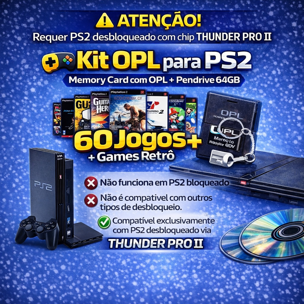 OPL MemoryCard + Pen64 GB Play 2 Fat ou Slim p/ Chip Thunder Pro II
