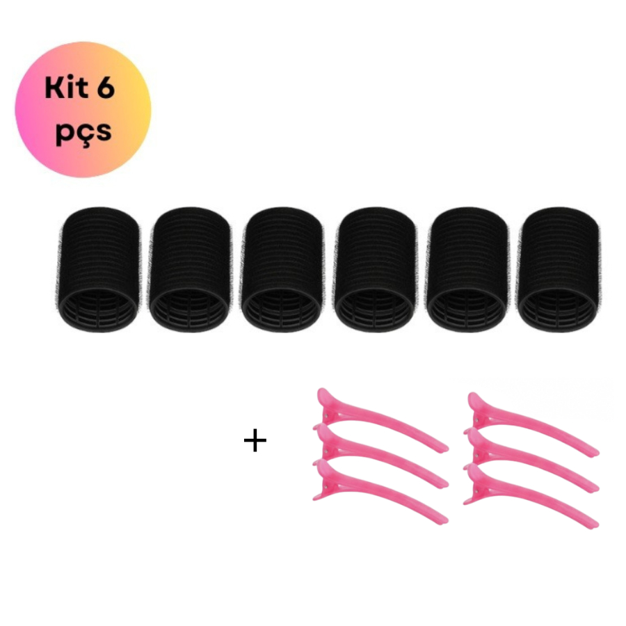 Kit 6 Bobs Para Cabelo Com Velcro Preto + 6 Prendedores Modeladores DIY Styling Tools 6x4 cm