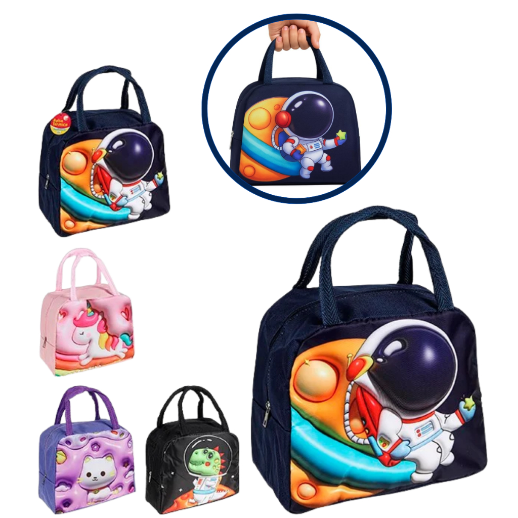 Lancheira Bolsa Térmica Astronauta/Gatinha/Dinossauro/Unicornio 4.8L 12x23x25 Escola Praia Passeio