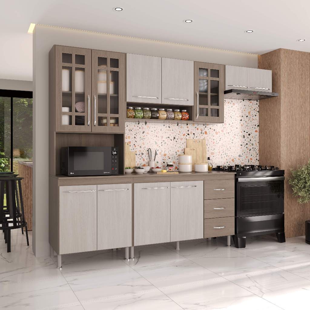 Armário de Cozinha Modulada Compacta Fidelitá Paris 4 Peças 260cm 11 Portas 3 Gavetas Com Tampo Nogal/Salinas em Oferta na Shopee