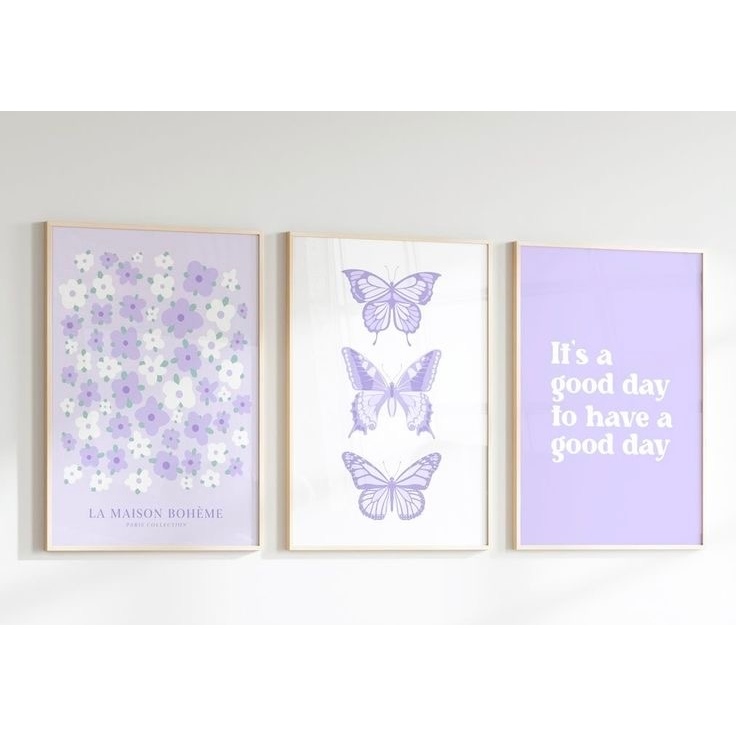 Quadros decorativos Flores e Borboletas La Maison Bohème Lilás Aesthetic (3 peças)