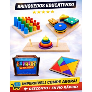 KIT 5X BRINQUEDO EDUCATIVO  MONTESSORI PINOS + FORMAS GEOMETRICAS + TORRE HANÓI MONTE SEU KIT AGORA em Oferta na Shopee