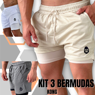 Kit 3 Bermudas Masculinas 2 em 1 Para Academia com Suporte para Celular Kong em Oferta na Shopee