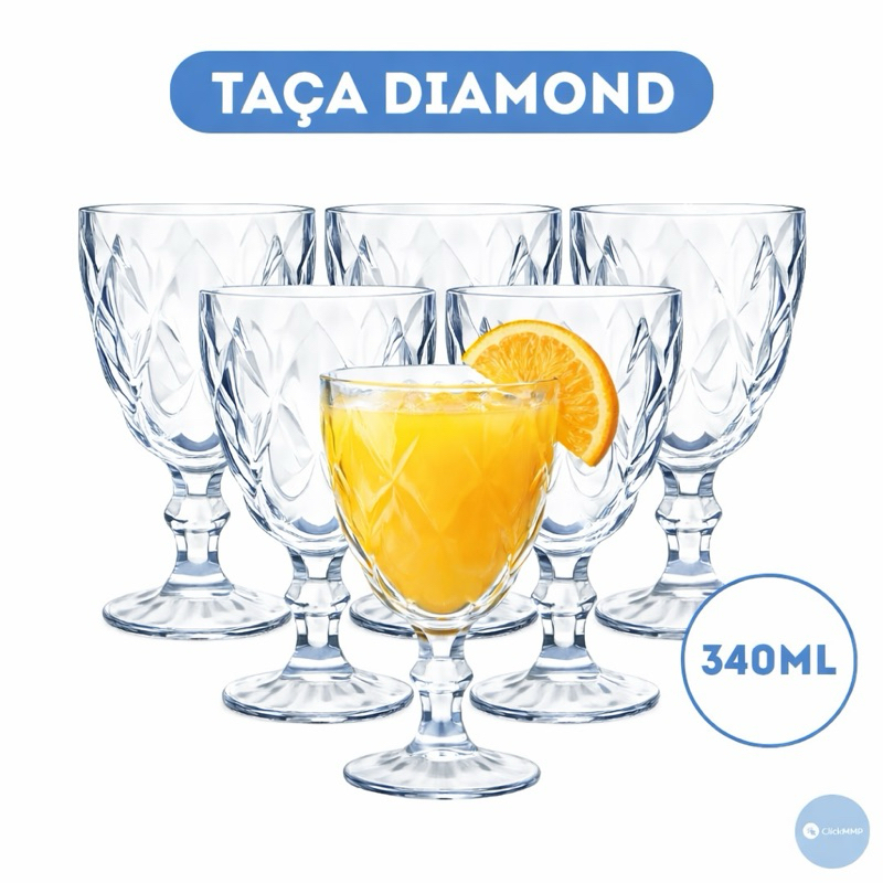 Kit 3/6/12un Copos Taças Diamond Vidro Transparente Para Água Bebidas Luxo Resistente 340ml em Oferta na Shopee