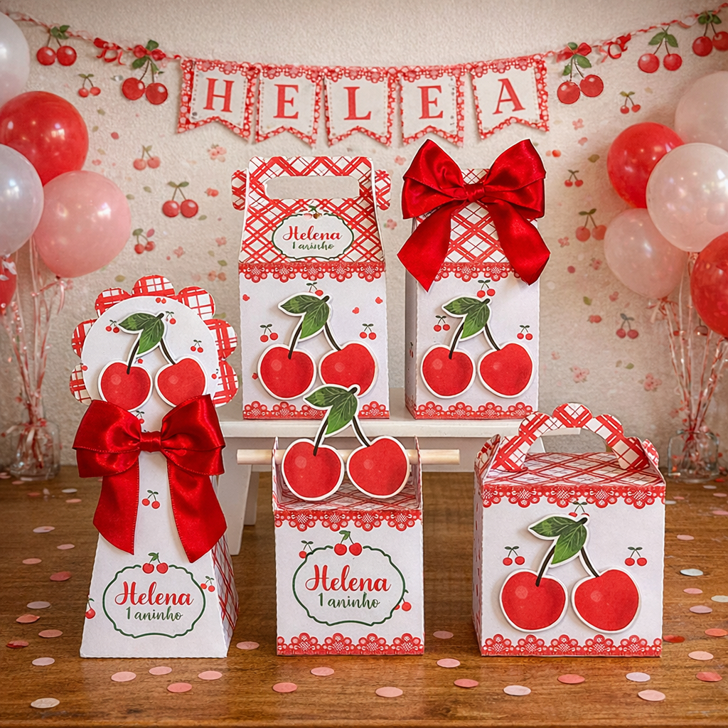 Kit Caixinhas Personalizadas Cerejinha Cereja | Pegue e Monte | Lembrancinha Aniversário e Festa Infantil