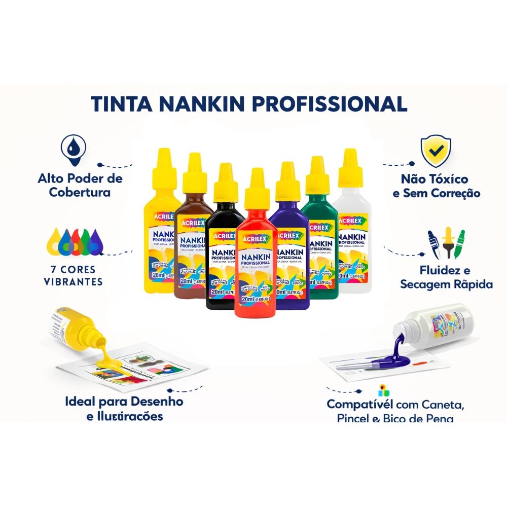 Kit 5 Tinta Nankin Profissional para Contornos 20ml Acrilex em Oferta na Shopee