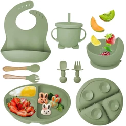 Conjunto De Louça De Silicone Para Bebês Tigela De Jantar Sippy Cup Bibs Colher De Garfo BPA Jogo Alimentação Infantil
