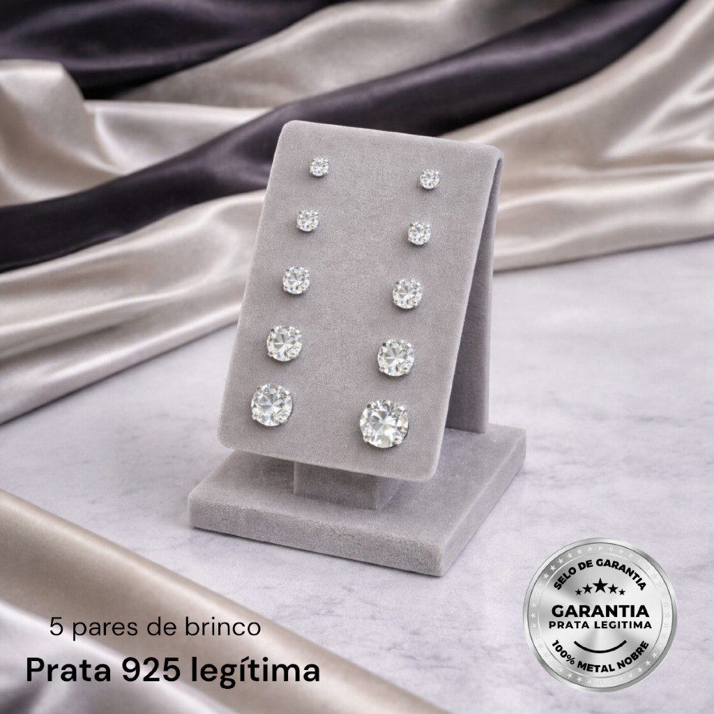 Brincos Cartela 5 Pares Prata 925 Legítima Zircônia Cravejado Pedras Cristal Quadrado Presente  Quintento