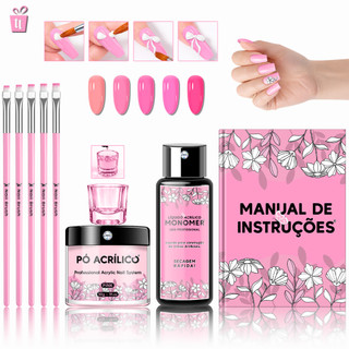 Kit Manicure Monomer Acrylic liquid + Pó Acrílico  + 05 Pinceis + Copo Dappen