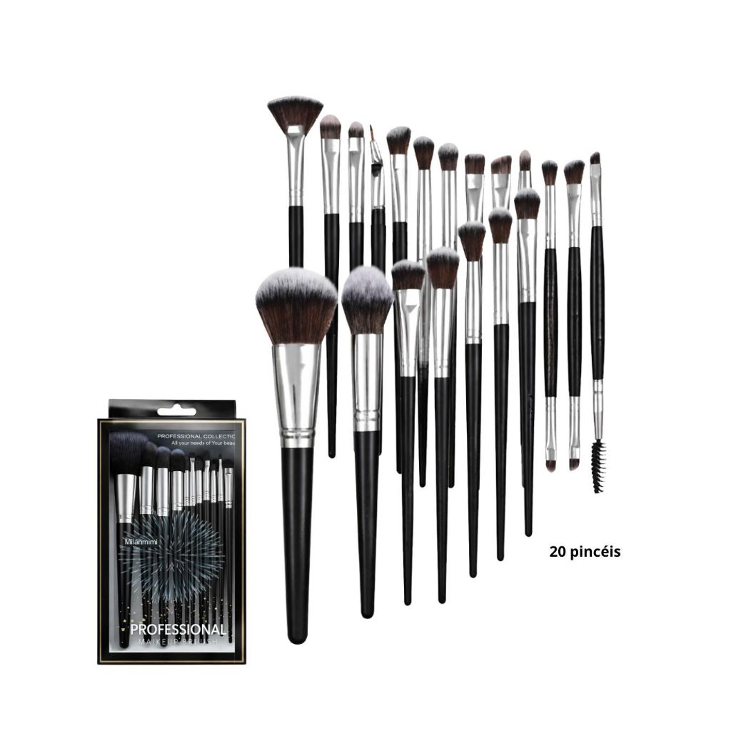 Kit 20 Pincéis Profissional – Pincéis de Maquiagem Preto e Marrom