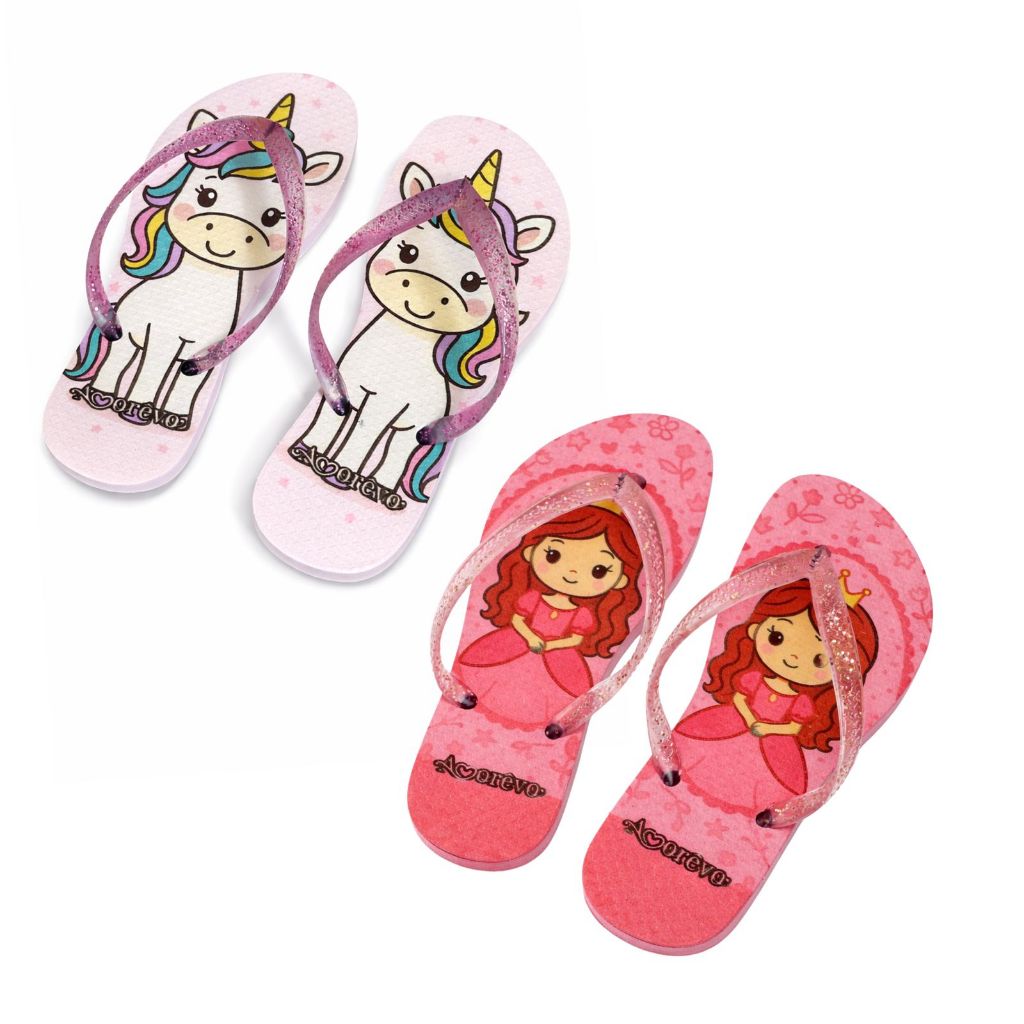 Kit 2 Chinelos Infantil Amorevo Reino Encantado Macio Divertido Princesas Tiras Glitter