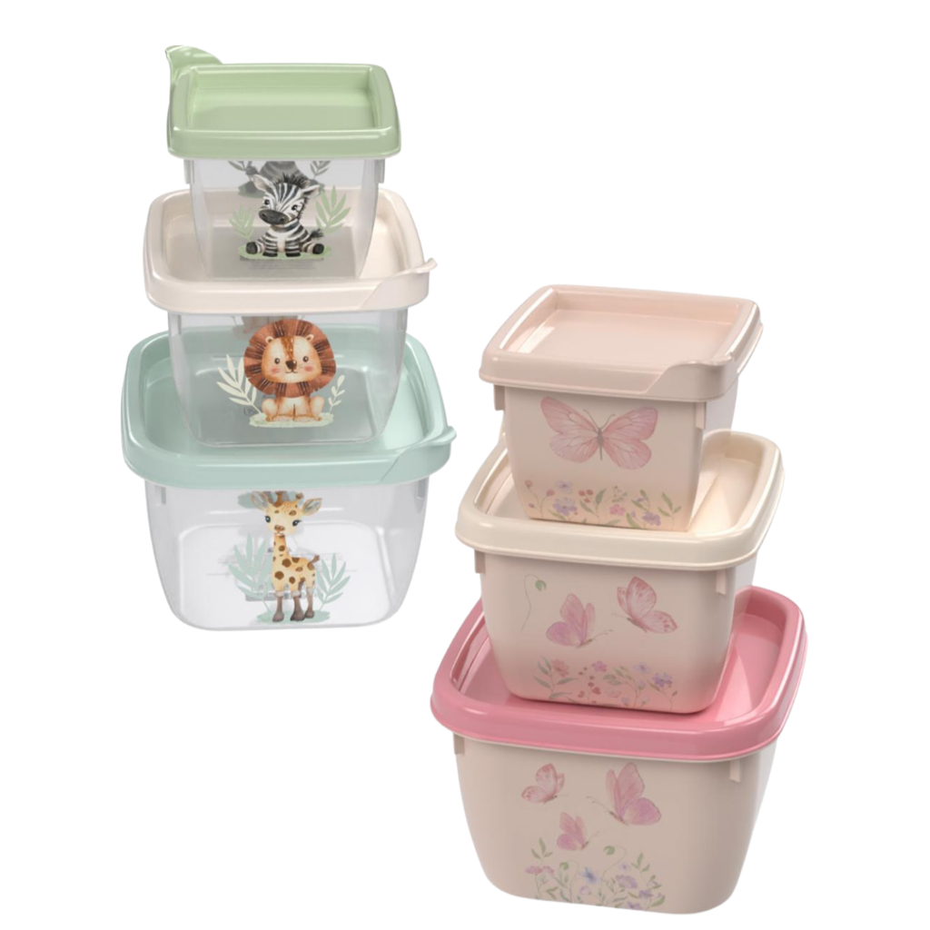 Kit 3 Potes Lancheira Papinha Bebe Safari Jardim Encantado Passeio Infantil Novidade Plasútil