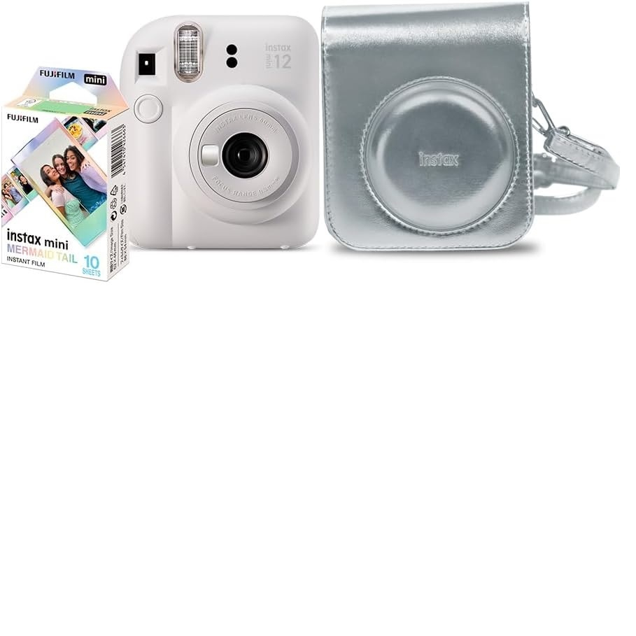 Kit Câmera Instax Mini 12 com pack 10 fotos Mermaid Tail e Bolsa Prateada