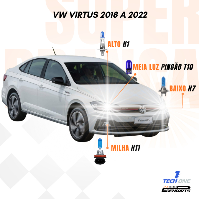 Kit Lâmpadas VW Virtus 2018 a 2022 Super Brancas TechOne + Brinde