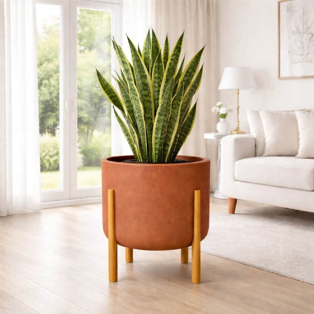 Vaso para planta Nordico P, cilíndrico com pé em madeira design moderno mulher/ mãe