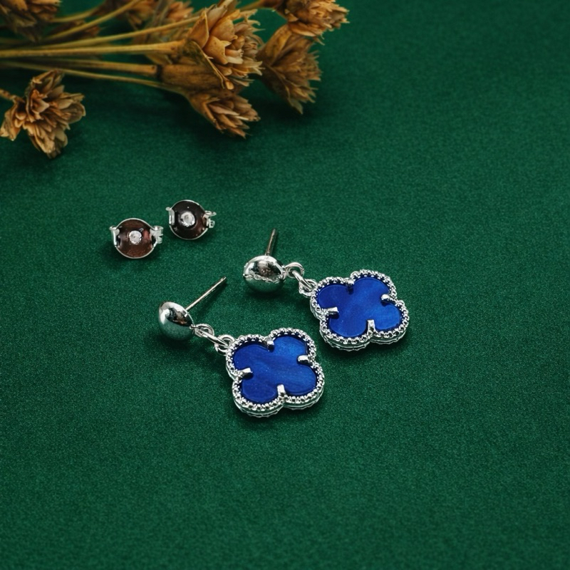Brinco Trevo Azul Escuro em Prata 925 Legítima Feminino Delicado Presente