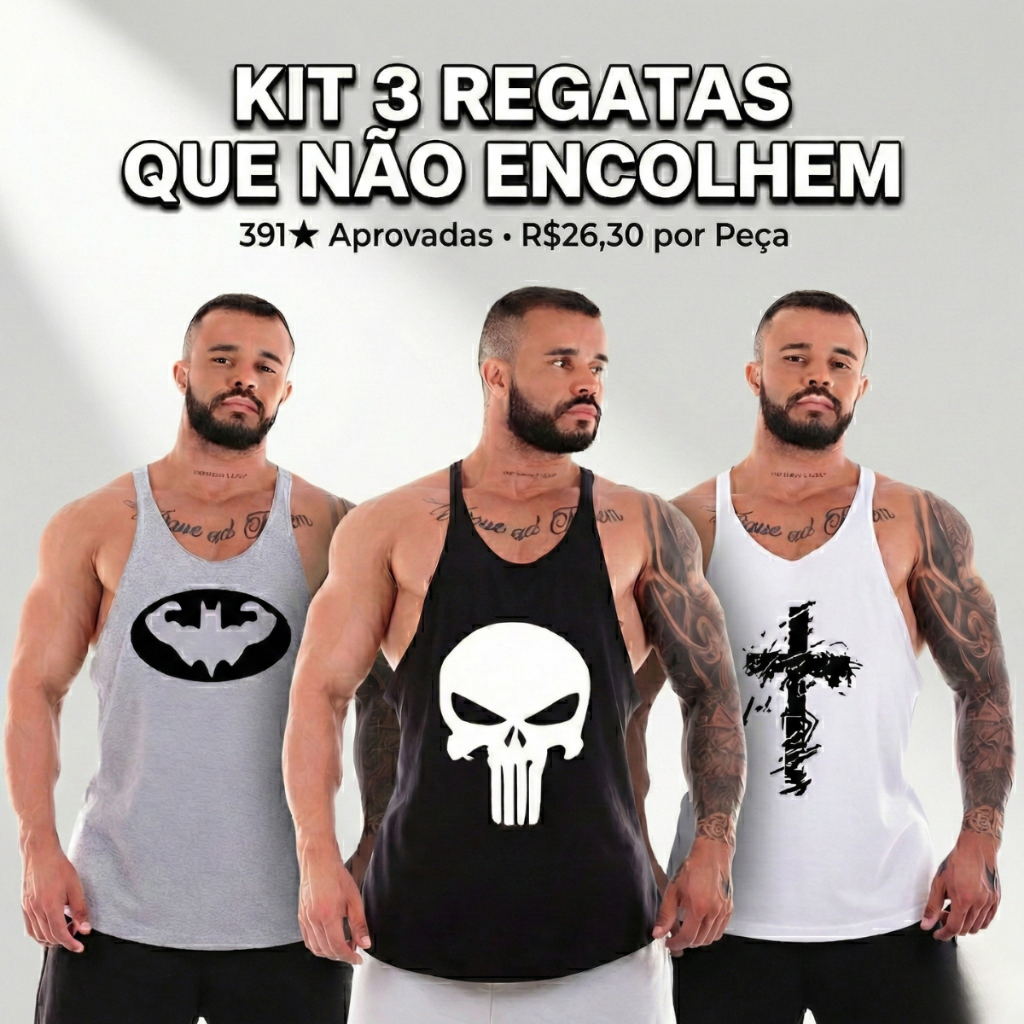 Kit 3 Com Camisetas Regata Masculina Cavada Algodão Básica Fisiculturista Treino Musculação Academia