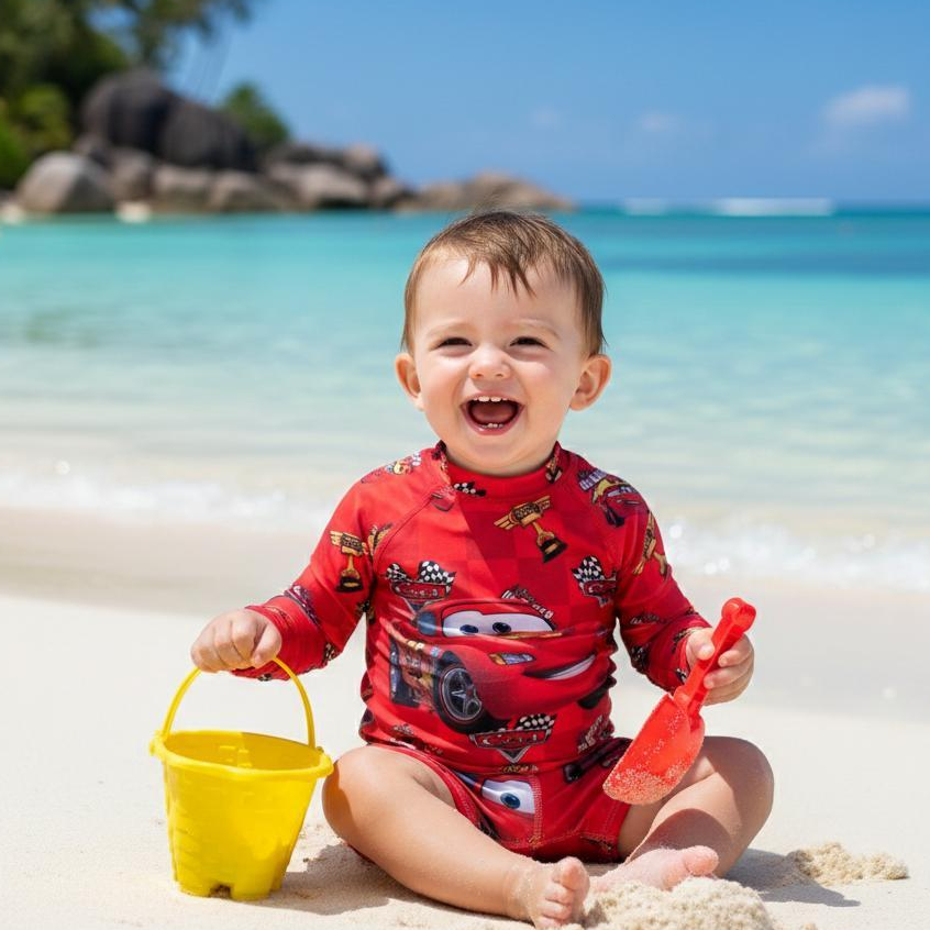 Conjunto com Proteção UV 50+ Kit Praia Conjunto com sunga e camisa Mickey, Dinossauro, Patrulha, Sonic, Homem Aranha