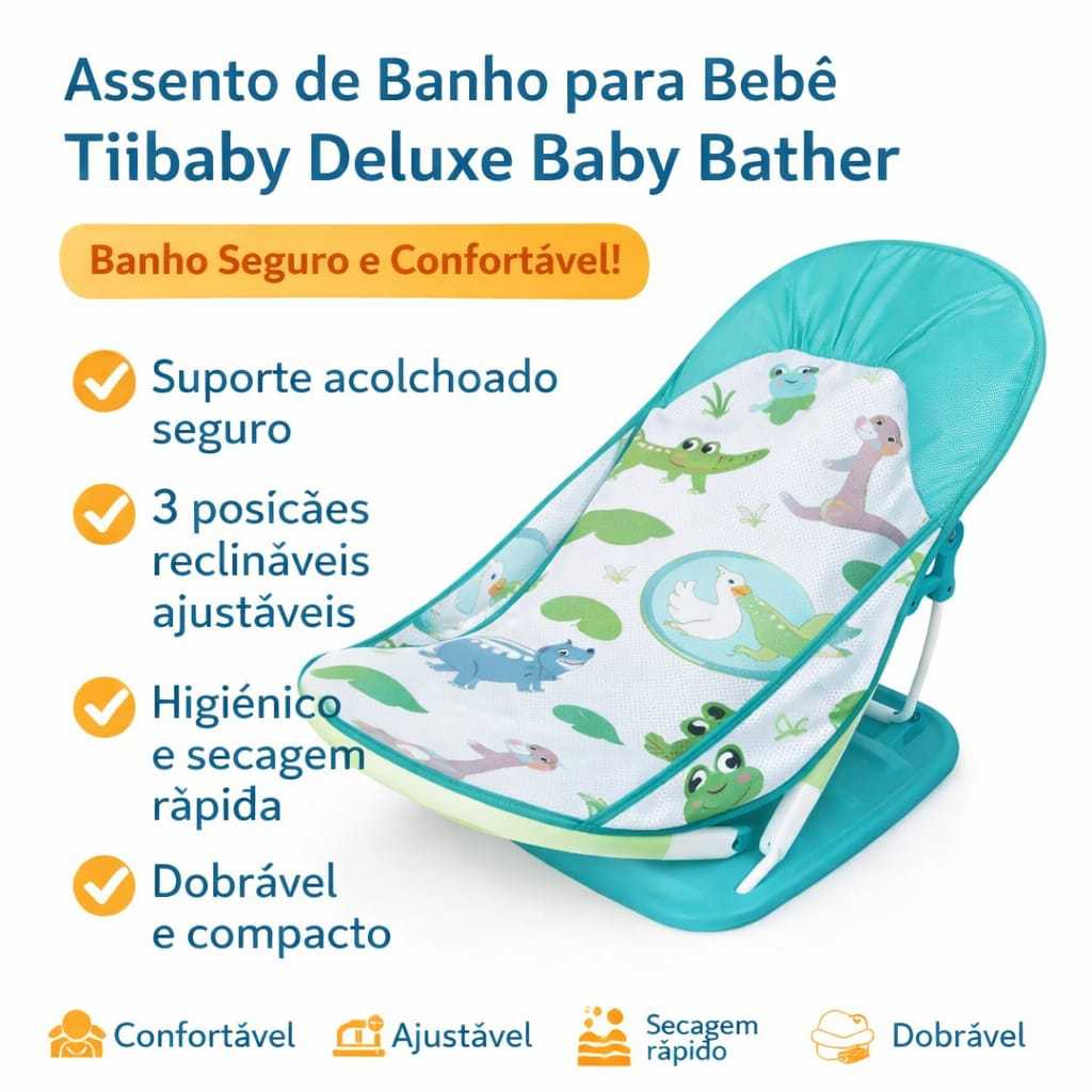 Cadeira de Banho Bebê Deluxe Dobrável | Assento Suporte Infantil 0+ Meses com Encosto Anatômico Verde