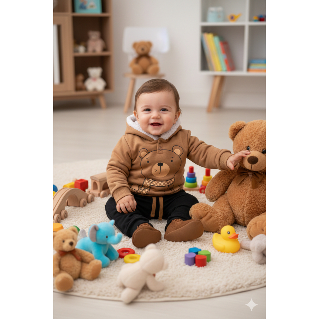 Conjunto Infantil Menino Moletom Peluciado Com Capuz Urso