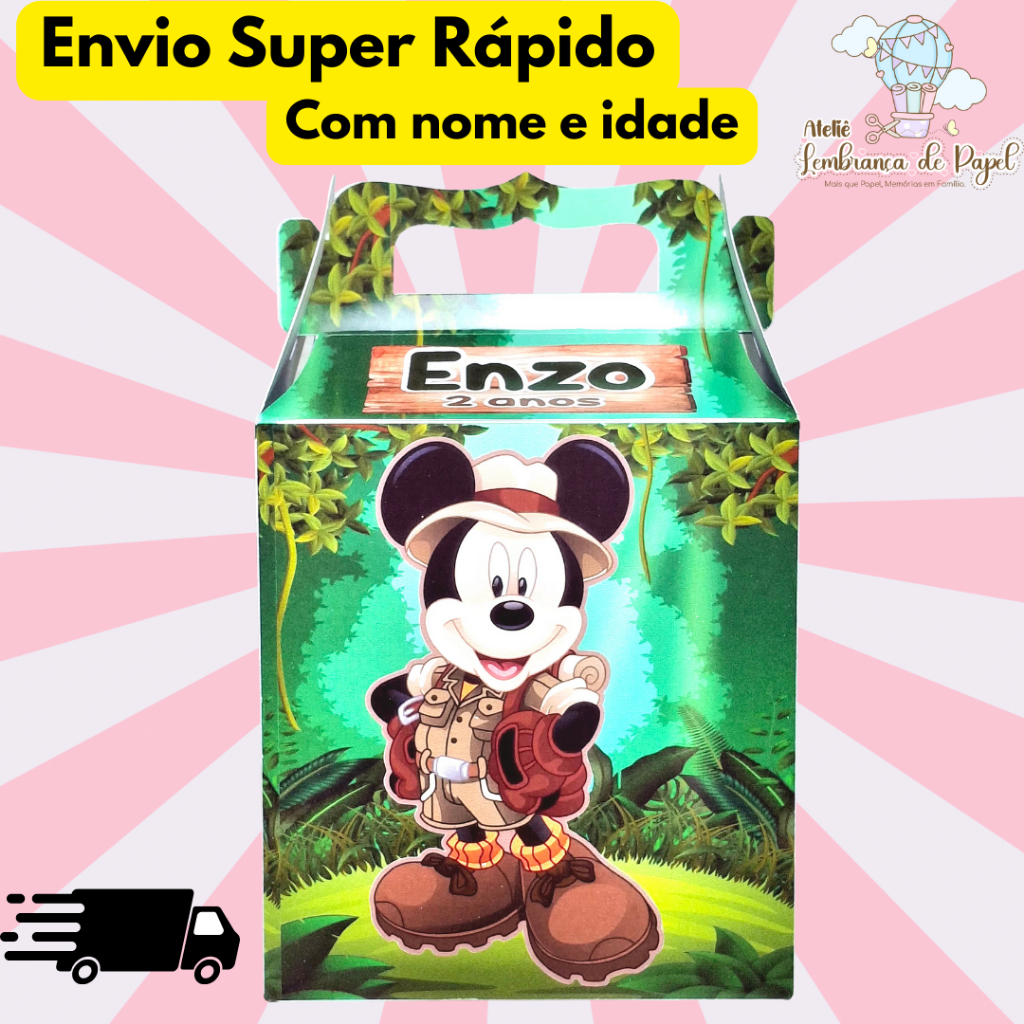 Maletinha Surpresa  Caixinha Personalizada Lembrancinha Mickey Safari Selva PEGUE E MONTE