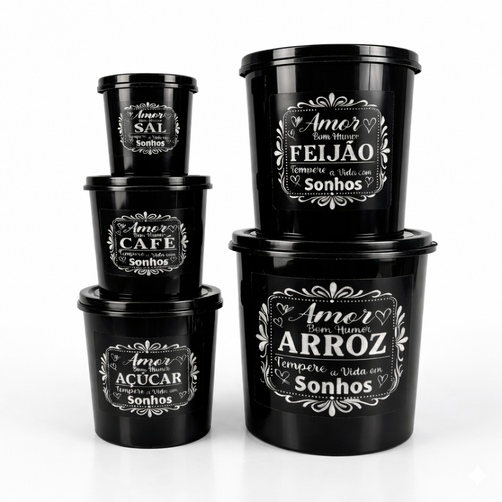 Kit 5 Potes Porta Mantimentos  Cada – Plástico Resistente – Arroz, Feijão, Açúcar, Café  para Cozinha