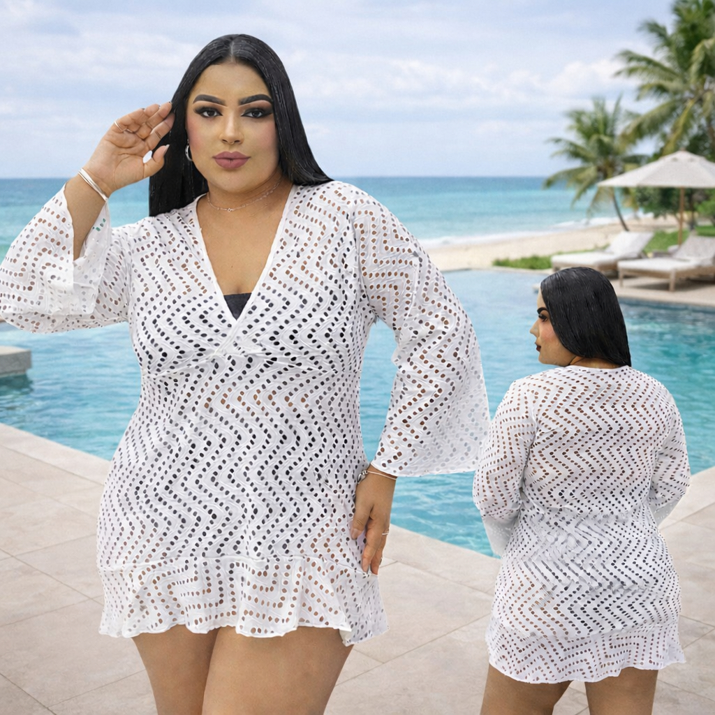 Saida de praia feminina plus size laise de malha elegante manga flare curta com babado GG G1 G2 G3
