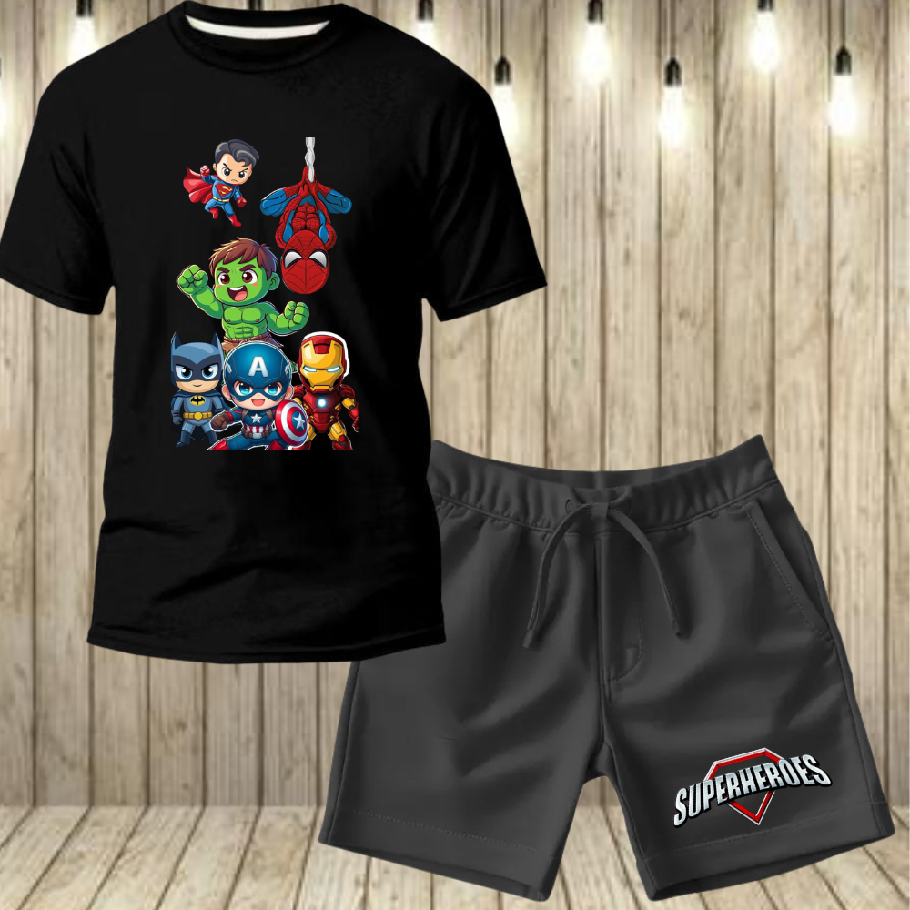 Conjunto Infantil Super Herois Camiseta + Short de Moleton Blusa Leve e Confotável 100% Algodão Camiseta Estampada