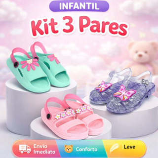 Kit 3 Pares Sandália Papete Infantil Menina Babuche Leve Confortável em Oferta na Shopee