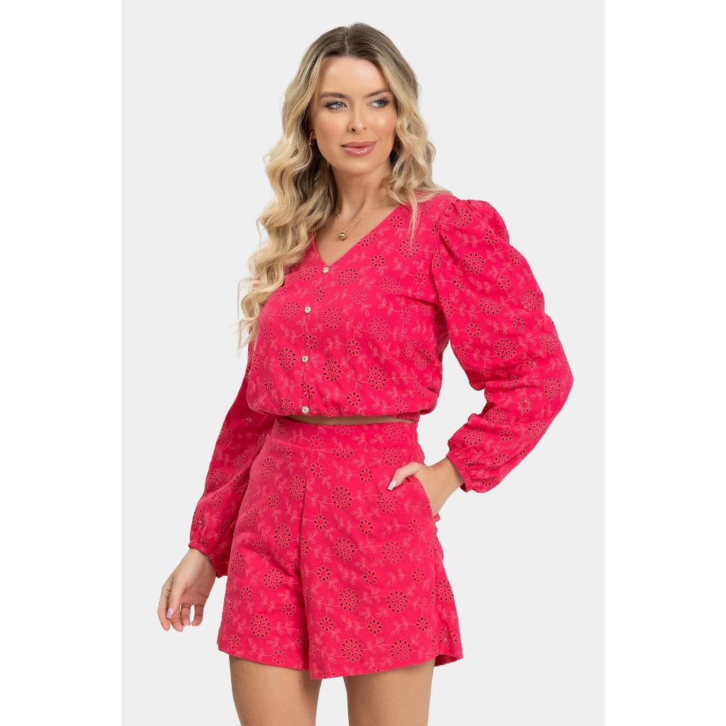 Blusa Feminina Pink Texturizada Laise 100% Algodão Manga Longa Decote V Pink Casual Elegante