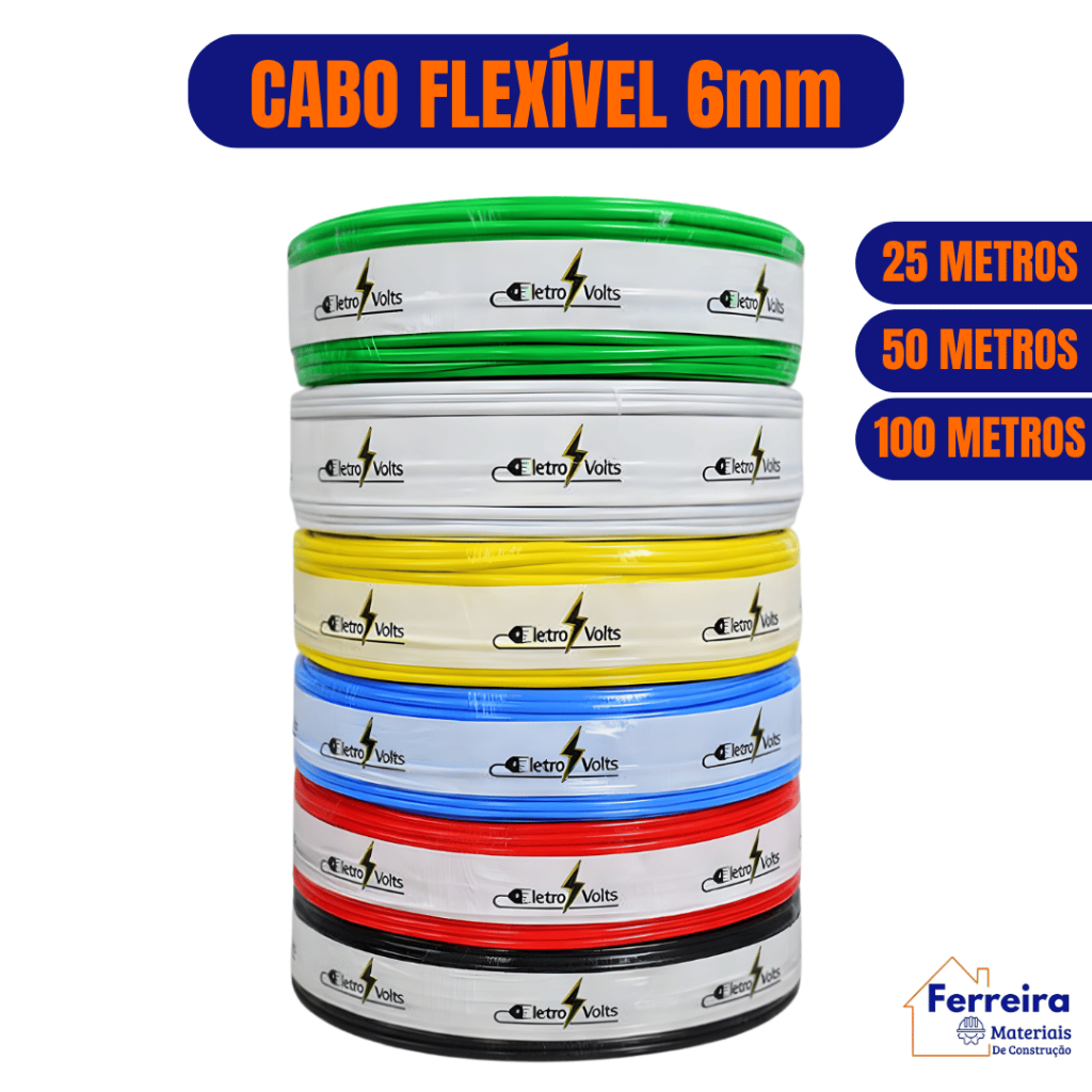 Cabo Elétrico 25/50/100 Metros 6mm Fio Flexível Antichamas 750V em Oferta na Shopee