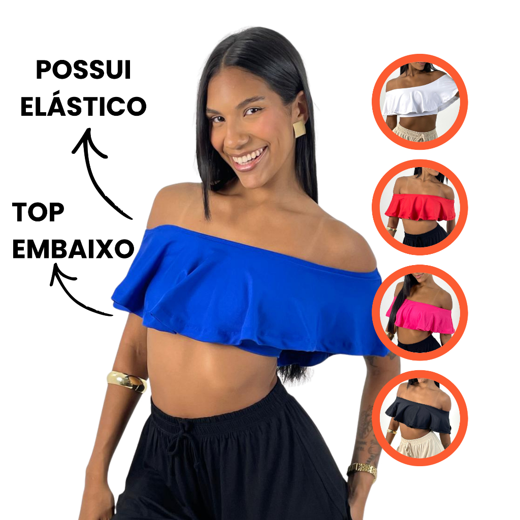 Cropped Ciganinha Ombro a Ombro Feminino Babado com Top por Baixo Suplex Premium em Oferta na Shopee
