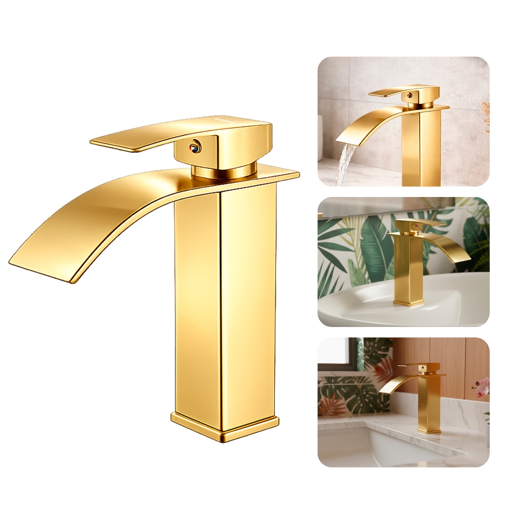Torneira Misturador Monocomando para Banheiro e Lavabo Bica Baixa Luxo Dourada Aço Inox 304 Brinovar