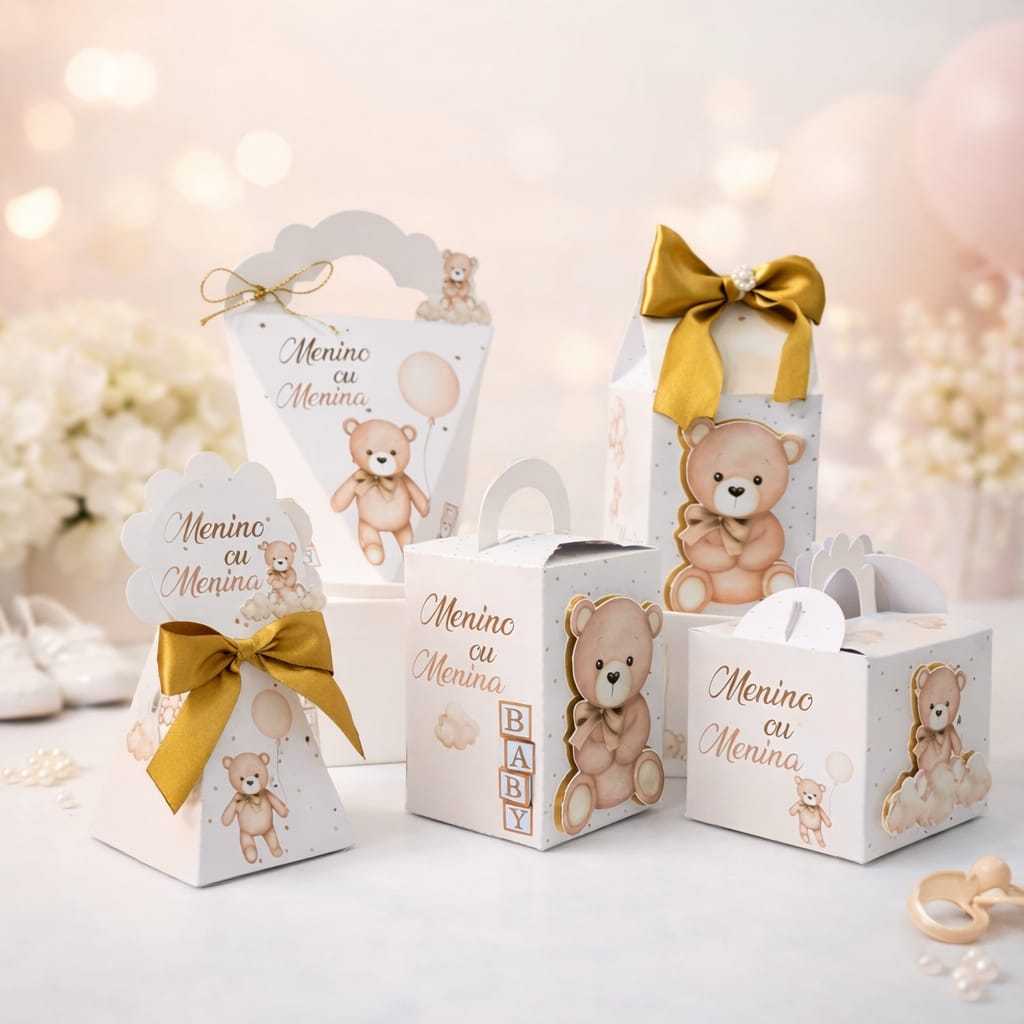 Kit Caixas Personalizadas Chá Revelação Ursinho Neutro  Semi Luxo/ Lembrancinhas de Festas/ Aniversário + Bri