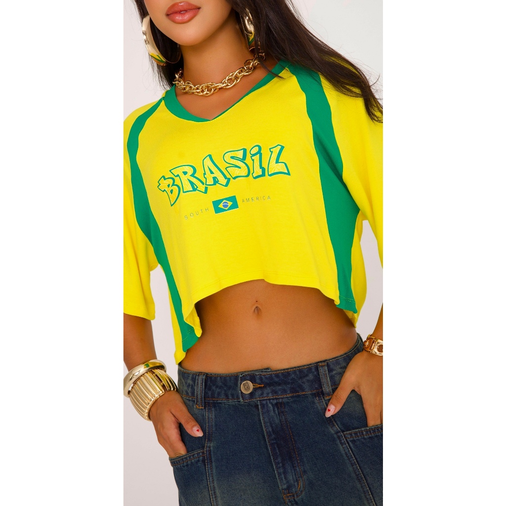 Cropped Brasil OverSized gola v Blusa copa do Mundo tecido viscro lycra moda feminina