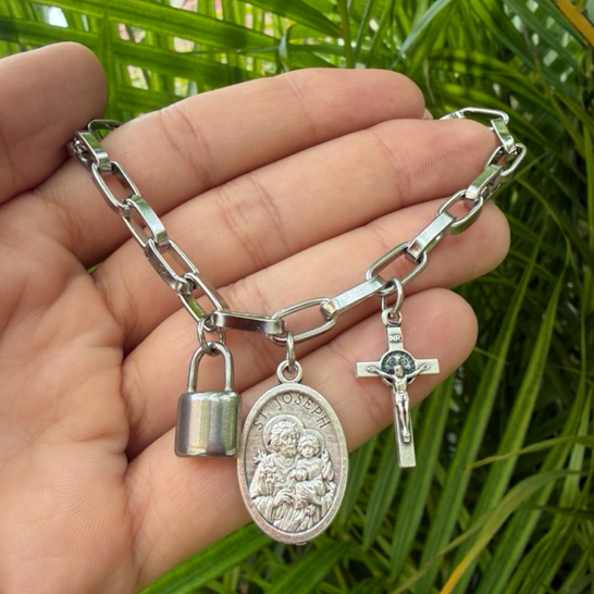 Pulseira Cadeia de Consagração São José Aço Inox Religioso MOD  8, 12, 13, 15, E 18