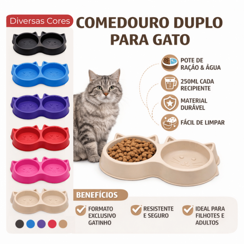 Comedouro e Bebedouro Duplo Luxo Vasilha Cara De Gato 2 Em 1 Pote de Ração e De Agua Para Gato em Oferta na Shopee