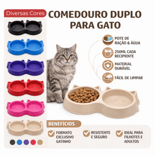 Comedouro e Bebedouro Duplo Luxo Vasilha Cara De Gato 2 Em 1 Pote de Ração e De Agua Para Gato em Oferta na Shopee