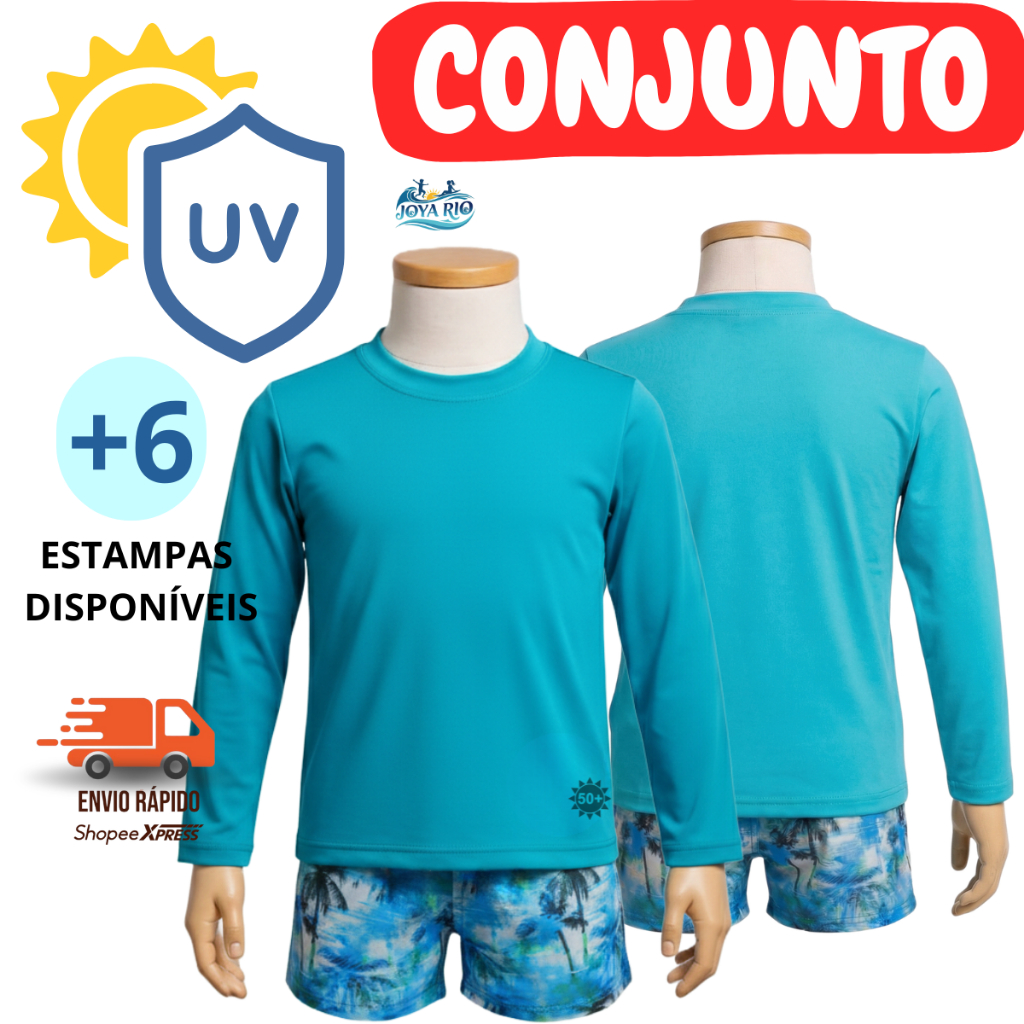 Conjunto Infantil Menino Camisa UV + Sunga Boxer infantil/Juvenil Proteção UV 50+