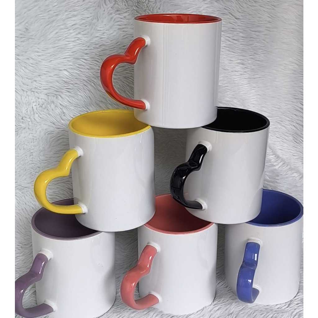 Canecas de Cerâmica Para Sublimação Branca Com Alça Coração E Interior Colorida 325ml AAA em Oferta na Shopee